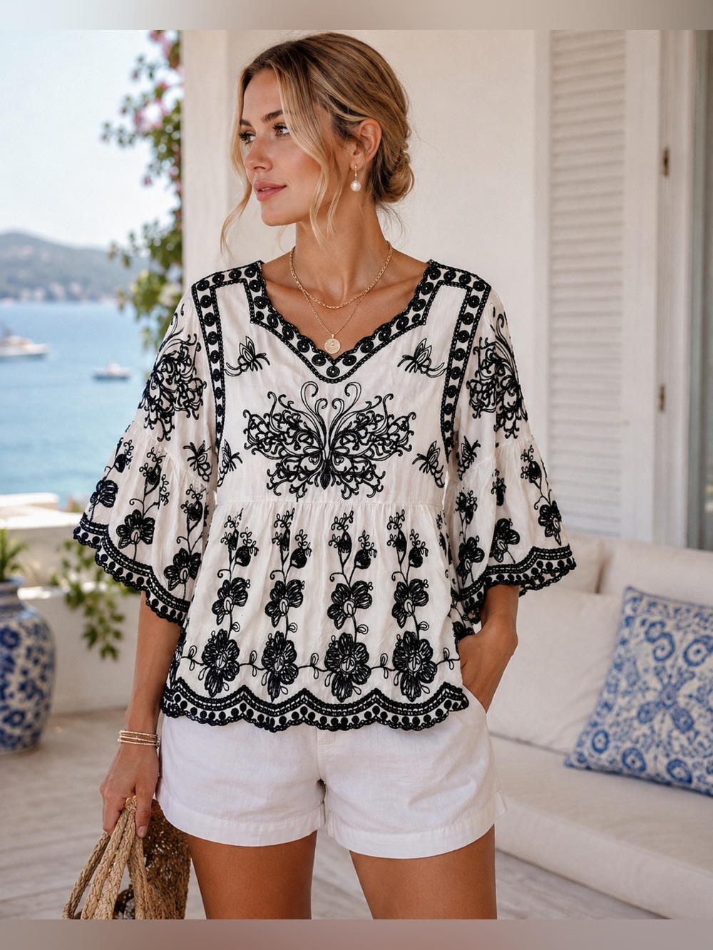 INDIGO POPPY Embroidered Peasant Blouse EUC